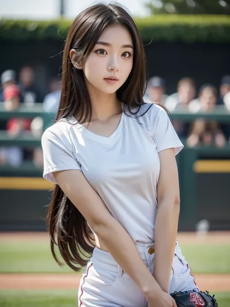 baseball、Ground、ball、Bad、baseball帽、(Highest quality)、((Very detailed))、4K、(8K)、masterpiece、Very detailedな、Highest quality、Super Resolution、1 person、Kind Face、Soft Light、RAW quality、Soft Skin、163cm、30 years old、Thighs