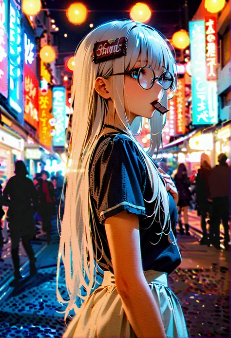 A woman with long, untied white hair, bangs, a black bow on her head, black round glasses, a candy bar in her mouth, a blue shirt, a short white skirt, her back turned half her face in the middle of the city at night.