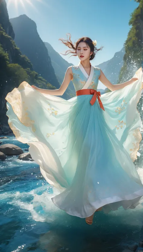 beautiful Korean woman, (((Mikamaria))), intricate pure white hanbok dress, spinning frantically, translucent stinging air particles on the hem of the dress ,Flying in the air like a Chinese movie,  (extremely detailed CG unity 8k wallpaper,masterpiece, be...