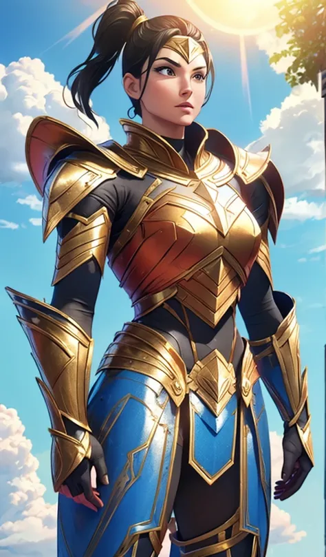 Wonder Woman flying in the sky, sunshine in the background, perfect armor costume, extremely big upturned buttock, back angle view, extremely black hair, smooth curves