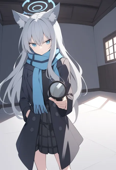 girl，Silver long hair, blue eyes, Wearing a black trench coat,A sky blue scarf, Black gloves, And black plaid skirt, In an empty house，Serious expression, blue halo，Black top hat，Gray wolf ears，Handheld magnifying glass observation