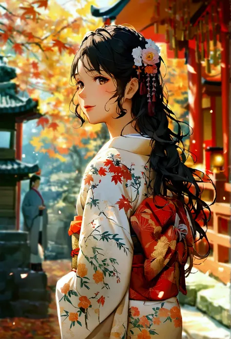 （grace，grace而神秘，身穿kimono的女性、Long hair，（kimono，White tabi socks and clogs），shrine，shrine的少女，Gentle smile，美丽的shrine风景，autumn,maple，Anime Background，Japanese art style，Fallen Leaves