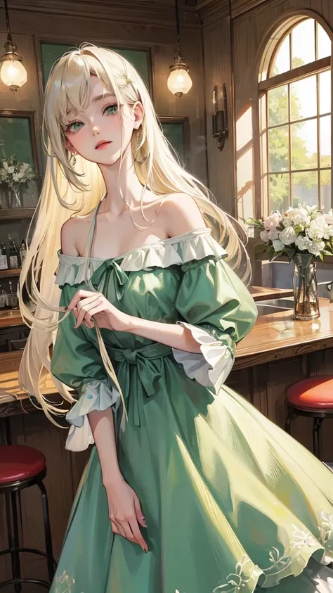 (Top resolution、Distinct_image)top-quality、female 、​masterpiece、highly detailed、Semi-realistic、green eyes  、18year old、young、cool clothing、Exquisite facial features、Facial features ,variations, potrait, a bar background,  platinum blonde hair , long straig...