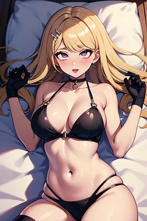 a hot seductive mature woman, kaede akamatsu, lying down in bed. she has a curvy but slim body, with lovely curves and long sexy legs. her skin is so smooth that it glows. her hair is long and blonde, and its fluffy and messed up. her eyes and pink and sha...