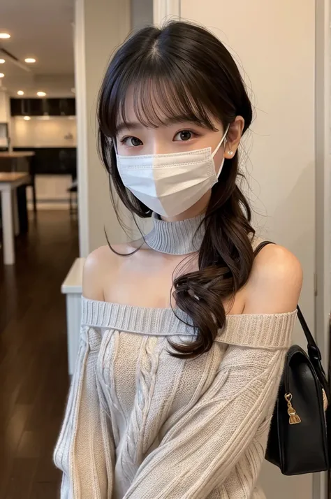 ((Highest quality)), ((masterpiece)), (detailed), One girl, Off-the-shoulder sweater, mask