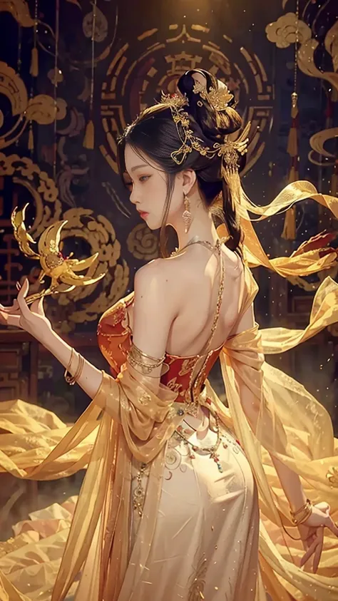 (Explicit Content Alert), (Elegant and Seductive), One captivating woman, Long flowing hair, Portraiture, Chinas finest translucent silk dress, Adorning her upper body, Delicate hair ornaments, Intricately designed necklace, Dazzling jewelry, Earrings that...