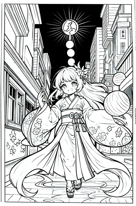 As a coloring book, the color should be black and white, the border should be simple, clear, and bold. A bubbly Asian girl with a contagious smile is enjoying a lively [matsuri festival] in the bustling streets of Tokyo. She is wearing a festive [kimono wi...