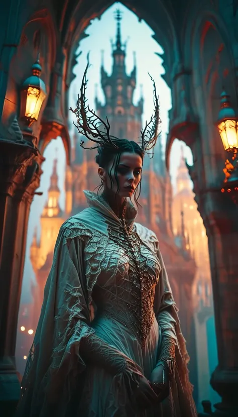 stylish, eerie, dead creature, fantasy city, Peter Mohrbacher, tattered robes, hollow eyes, ghostly pallor, intricate patterns, Gothic architecture, futuristic architecture, spires, glowing lights, medium shot, Kodak Ektar 100, Sony A7R IV, anamorphic lens...