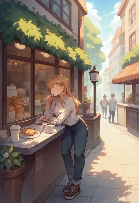 A girl drinks morning coffee with a croissant in a street cafe