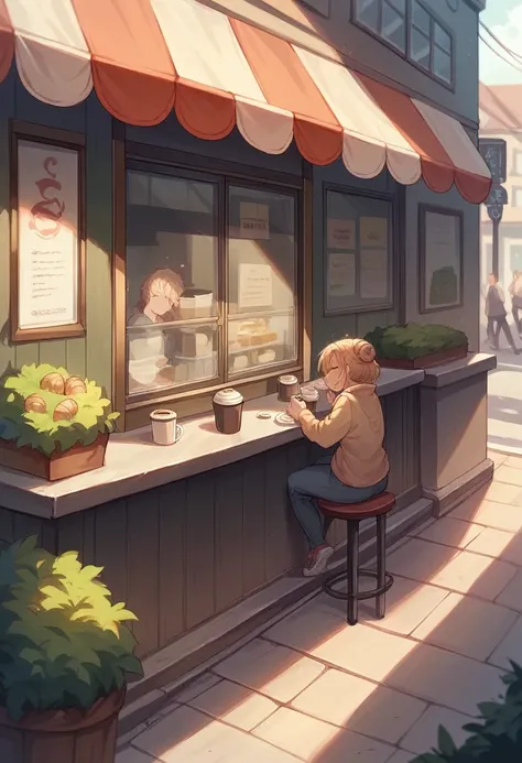 A girl drinks morning coffee with a croissant in a street cafe