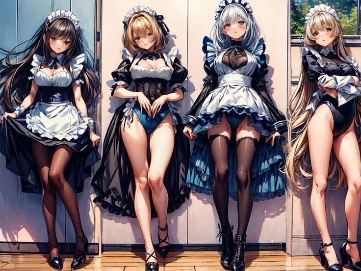 (Perfect Anatomy:1.2, Highest quality),(Maid leotard details:1.6),(Five Girls:1.6),Long Hair:1.5, (Short sleeve, Thighs,Maid Cufflinks),,Hypno Lola, Hollow Eyes,High heel lace-up boots,Dark aura,(Leotrad),,From below,love for viewers,Look down,(whole body:...