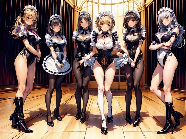 (Perfect Anatomy:1.2, Highest quality),(Maid leotard details:1.6),(Five Girls:1.6),Long Hair:1.5, (Short sleeve, Thighs,Maid Cufflinks),,Hypno Lola, Hollow Eyes,High heel lace-up boots,Dark aura,(Leotrad),,From below,love for viewers,Look down,(whole body:...