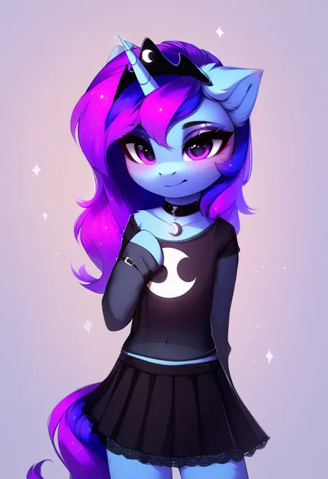 check_9, check_8_up, check_7_up, source_fluffy, rating_safe, from Magnaluna, Luna poses seductively in a gothic bedroom, antro, blushing, blue body, purple mane, see through black skirt 