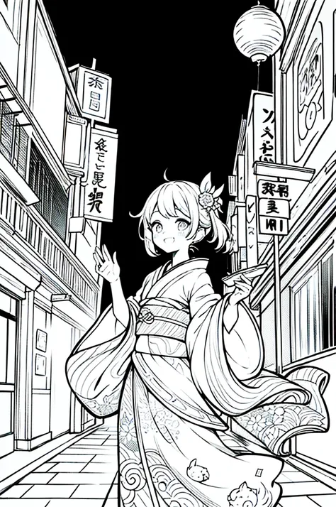 As a coloring book, the color should be black and white, the border should be simple, clear, and bold. A bubbly Asian girl with a contagious smile is enjoying a lively [matsuri festival] in the bustling streets of Tokyo. She is wearing a festive [kimono wi...