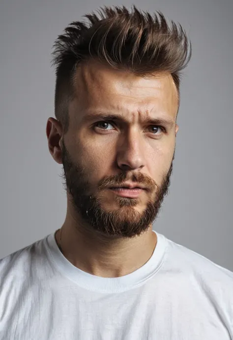 a serious-looking russian man with and faux hawk haircut with well-groomed beard, wearing a white t-shirt, closeup portrait, dramatic lighting, white background, gloomy, (best quality,8k,highres,masterpiece:1.2),ultra-detailed,(realistic,photorealistic,pho...