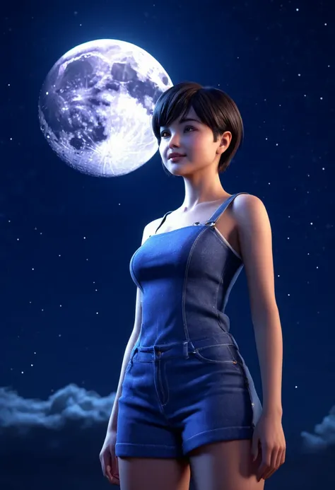 short hair, female, 3d character, night sky, Bright Moon