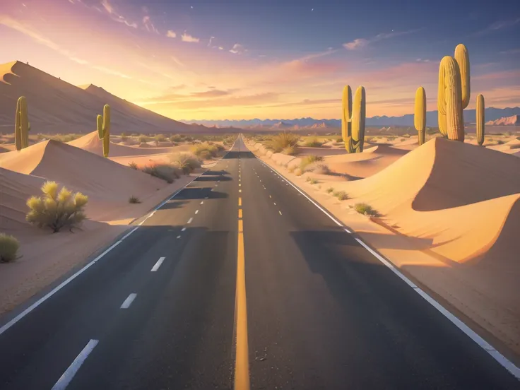 (desert  :1.2),road ,(รถวิ่งบนroad:1.2)  landscape:1.5 ,(Many cars:1.2) ,nighttime 