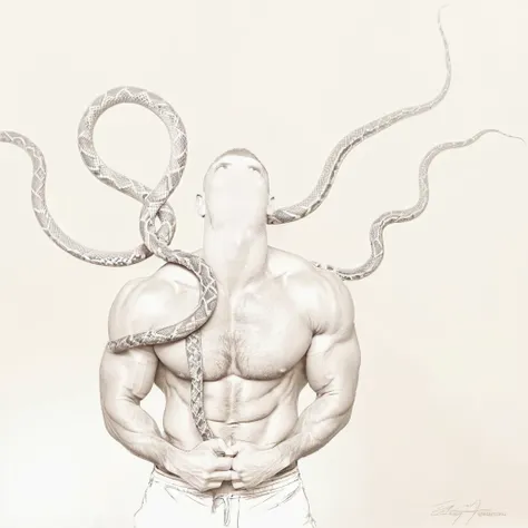 male torso, shirtless, muscular, arms crossed, facing down, snake tails on head, photorealistic 