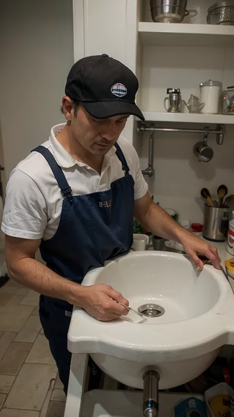 man plumber, fixing the sink, view on the kitchen sink