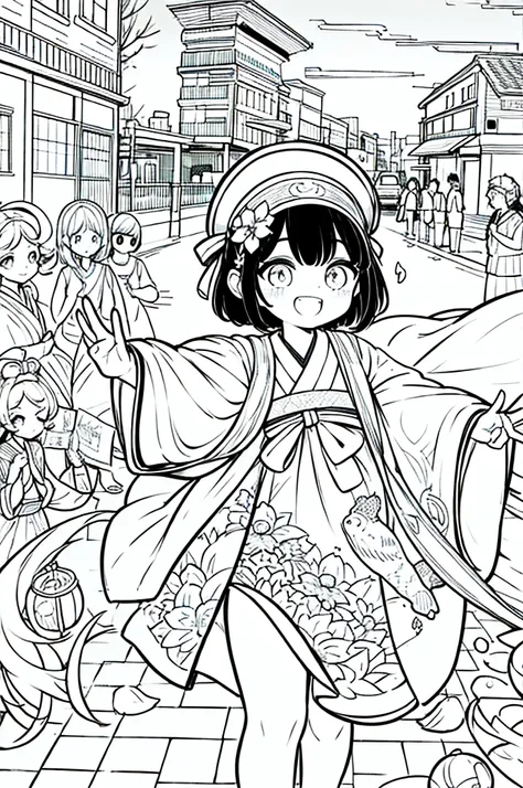 As a coloring book, the color should be black and white, the border should be simple, clear, and bold. A bubbly Asian girl with a contagious smile is enjoying a lively [matsuri festival] in the bustling streets of Tokyo. She is wearing a festive [kimono wi...