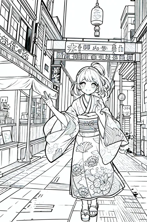 As a coloring book, the color should be black and white, the border should be simple, clear, and bold. A bubbly Asian girl with a contagious smile is enjoying a lively [matsuri festival] in the bustling streets of Tokyo. She is wearing a festive [kimono wi...