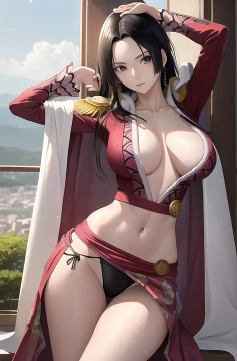 masterpiece, Highest quality, High resolution, Hancock 1, One girl, Boa Hancock, Large Breasts, Long Hair, Epaulettes, Cape, Side slits, Cowboy Shot, Are standing, View your viewers, Sexy pose, , Hands Behind Back, Perfect Fingers,(((Stretch your legs and ...