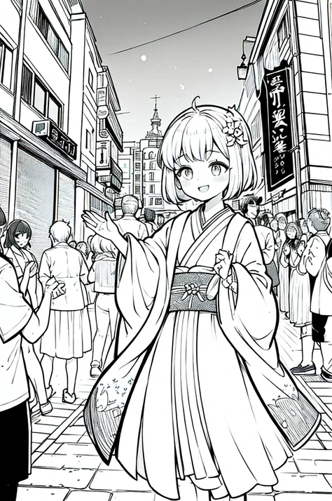 As a coloring book, the color should be black and white, the border should be simple, clear, and bold. A bubbly Asian girl with a contagious smile is enjoying a lively [matsuri festival] in the bustling streets of Tokyo. She is wearing a festive [kimono wi...