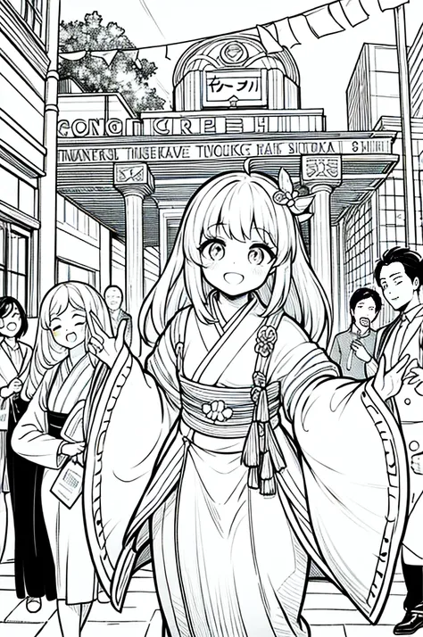 As a coloring book, the color should be black and white, the border should be simple, clear, and bold. A bubbly Asian girl with a contagious smile is enjoying a lively [matsuri festival] in the bustling streets of Tokyo. She is wearing a festive [kimono wi...