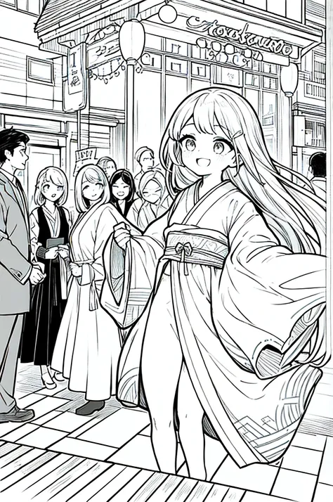 As a coloring book, the color should be black and white, the border should be simple, clear, and bold. A bubbly Asian girl with a contagious smile is enjoying a lively [matsuri festival] in the bustling streets of Tokyo. She is wearing a festive [kimono wi...