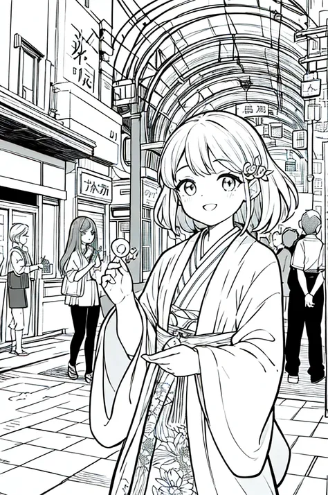 As a coloring book, the color should be black and white, the border should be simple, clear, and bold. A bubbly Asian girl with a contagious smile is enjoying a lively [matsuri festival] in the bustling streets of Tokyo. She is wearing a festive [kimono wi...