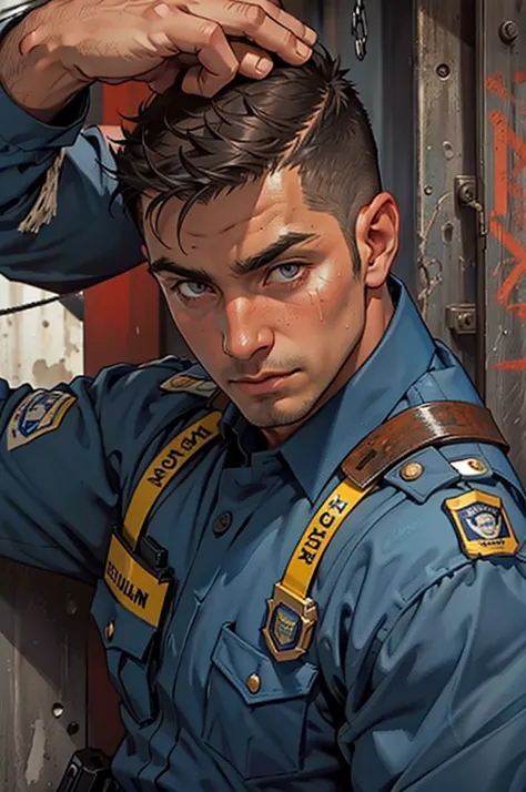 32k, high quality , detailed face , detailed eyes, muscle , short hair , a police officer held captive in a rusty iron prison