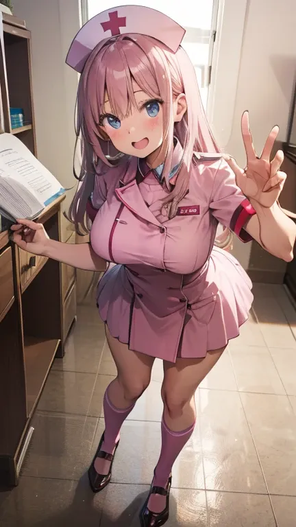 nurse in pink uniform shows off incredible pose