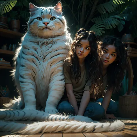 a girl exploring the rainforest with a giant cat, beautiful detailed eyes,beautiful detailed lips,extremely detailed eyes and face,longeyelashes, portrait, wildlife, lush tropical foliage, sunlight filtering through the trees, dramatic lighting, cinematic ...