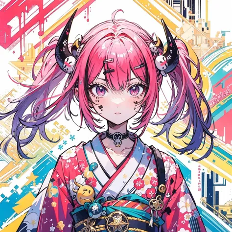 (Highest quality,masterpiece:1.2,Intricate details:1.2),Beautiful Face,ukiyoe,One girl,Girl in patterned kimono,View the viewer:1.3,Face Tattoos:1.2,Small demon horn,Detailed Hair,Fluid brushwork,traditional japanese art, Vibrant colors, Golden Belt, Delic...