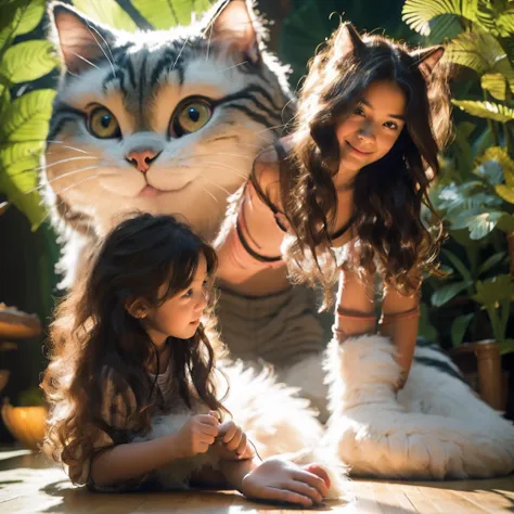 a beautiful girl playing with a giant cat in the rainforest