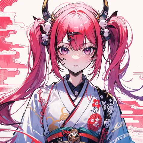 (Highest quality,masterpiece:1.2,Intricate details:1.2),Beautiful Face,ukiyoe,One girl,Girl in patterned kimono,View the viewer:1.3,Face Tattoos:1.2,Small demon horn,Detailed Hair,Fluid brushwork,traditional japanese art, Vibrant colors, Golden Belt, Delic...