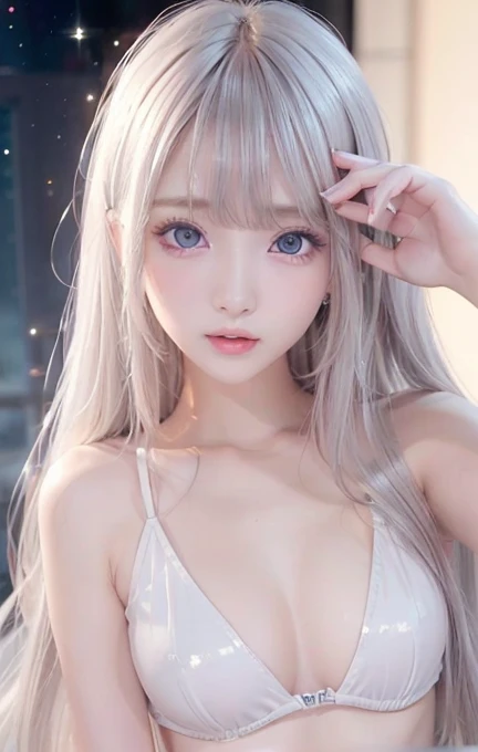 silver shiny hair, super long straight silky hair, dazzling blonde super long silky hair, cute little beautiful face of 16 years old, beautiful girl, sparkling blonde dancing in front of her cute face, long silky bangs covering the space between her eyes, ...