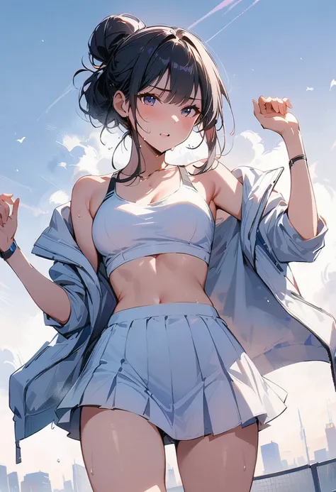 (masterpiece, best quality:1.2), 1 girl, one , sexual , (tennis skirts) , (cowboy shot) , black hair , (white sports bra) , (sub...