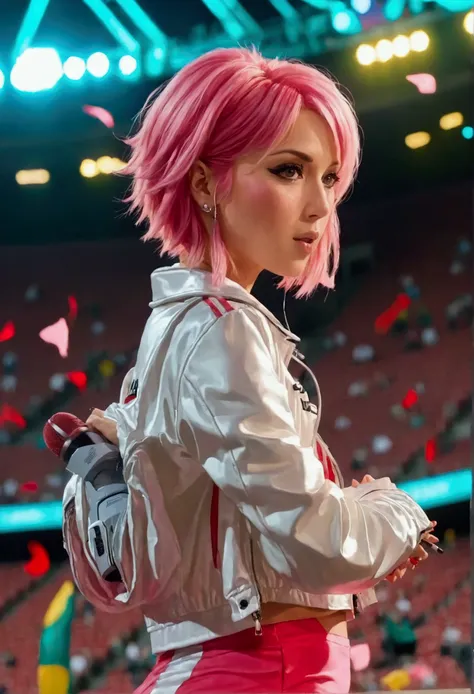 a woman inside a football stadium you separated from a music show with her on the stage she has pink hair and short dress a pink...