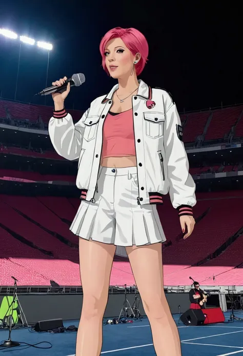 a woman inside a football stadium you separated from a music show with her on the stage she has pink hair and short dress a pink...