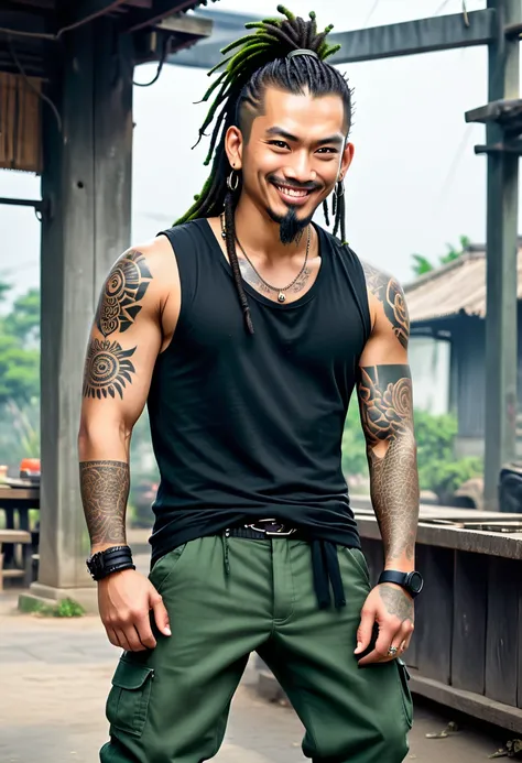 Wang appears as a man with a fair construction and a rather horrible look on his face that reflects his true personality with his cruel smile and slanted eyes, His chin is quite elongated and he is shaved. He has dark hair styled in dreadlocks. He wears a ...