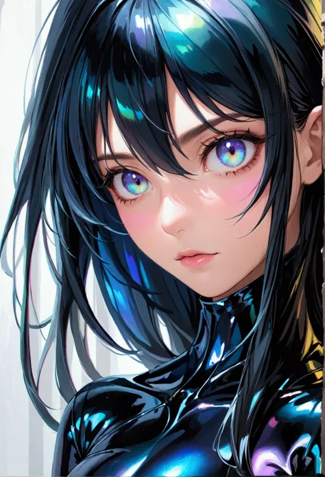 (masterpiece), best quality, expressive eyes, perfect face, Girl,long dark iridescent hair, iridescent eyes, small waist, small , large thighs,latex clothes