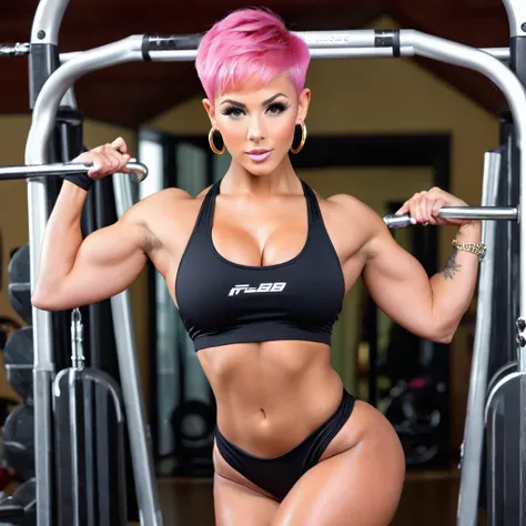 Pink sexy fitness bimbo, musclebimbo, fitness model, IFBB bikini fitness, muscular and toned, low bodyfat, 22 years old, small round bubble butt, buzz cut short pink pixie hair, big golden hoop earrings. Bolt on big round breast implants, ample cleavage. C...