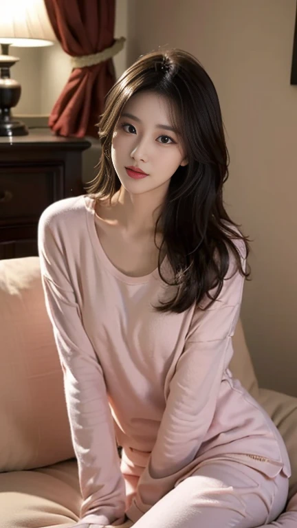 1 Girl,sofa,Soft Light,Chinese Beauty,Tight Fit,pajamas,,Dark-haired,long hair