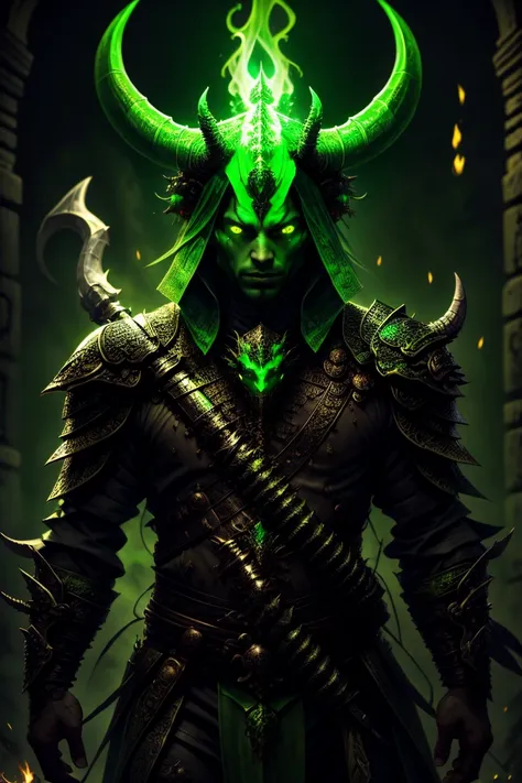 one-armed demon dragon with a huge sword in his hand covered in green flames