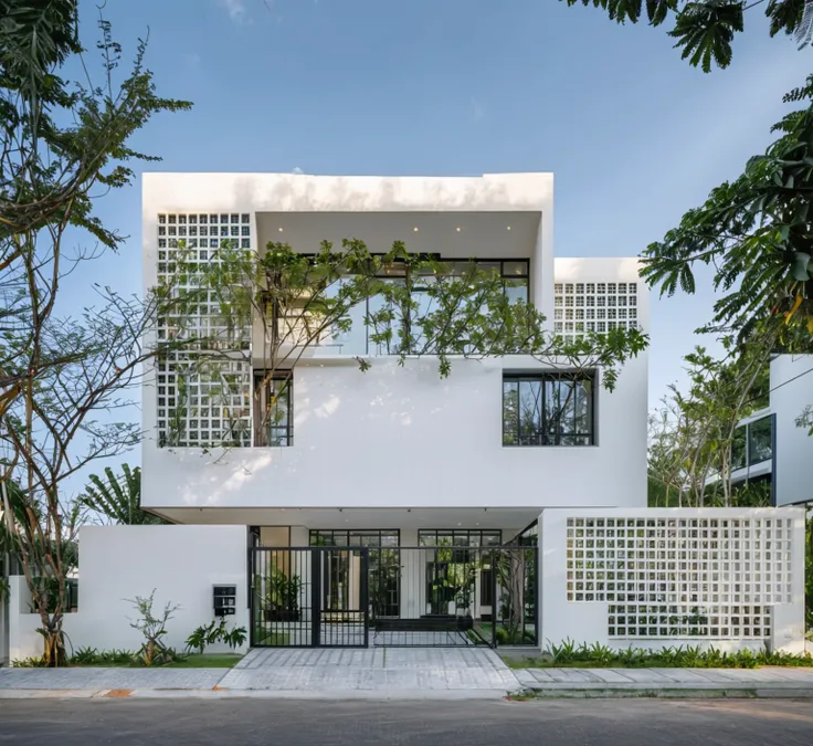 raw photo , a white minimalism woodandwhite modern house with a double story and simple architecture, surrounded by trees in the...