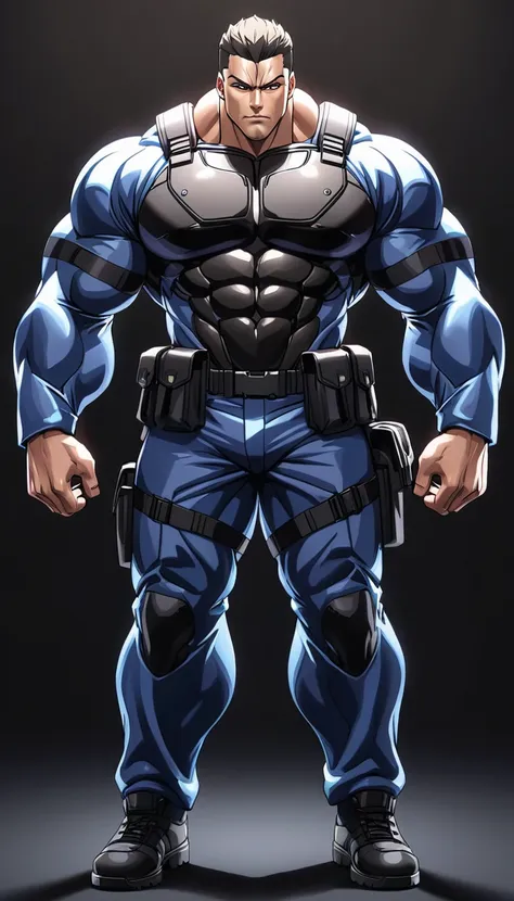 highly detailed anime style digital illustration,muscular man,wearing tactical fbi uniform,standing,big body, real anatomy body,...