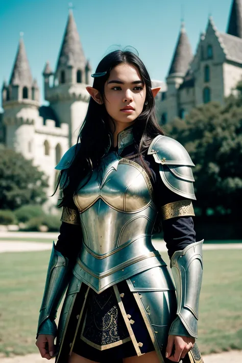 Masterpiece, a beautiful elf knight, Courtney Eaton,bright Eyes, by rubio, wide shoulders, strong body, Pale skin with lots of detail and light freckles., high detailed filigree elf armor, outside, (skin texture:1.1), Best Quality, ultra high resolution, p...