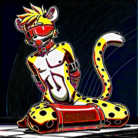 （furry、cheetah boy、hands restrained behind your back）naked、yellow fluffy fur、black spots、rubber suit、red collar、shackles、handcuf...