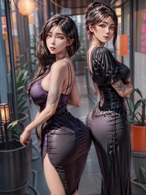 highly detailed portrait of 2 tatooed women, one black woman in a mini-dress and one Caucasian woman in a mini-dress, 2girls, by Atey ghailan, by greg rutkowski, by greg tocchini, by James gilleard, by Joe Fenton, by Kaethe butcher, voluptuous, super detai...